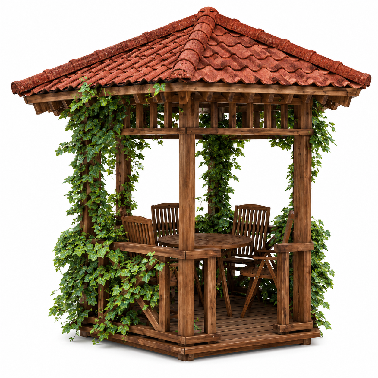 Terracotta Roof Wooden Garden Gazebo 3D Model