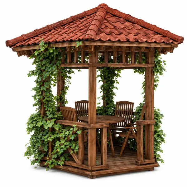 Terracotta Roof Wooden Garden Gazebo 3D Model