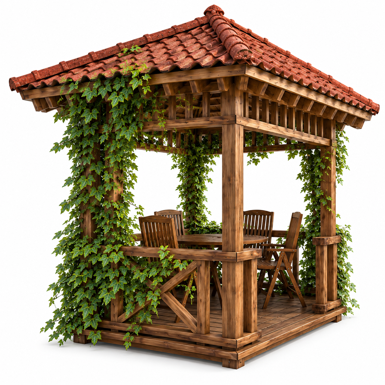 Terracotta Roof Wooden Garden Gazebo 3D Model 3