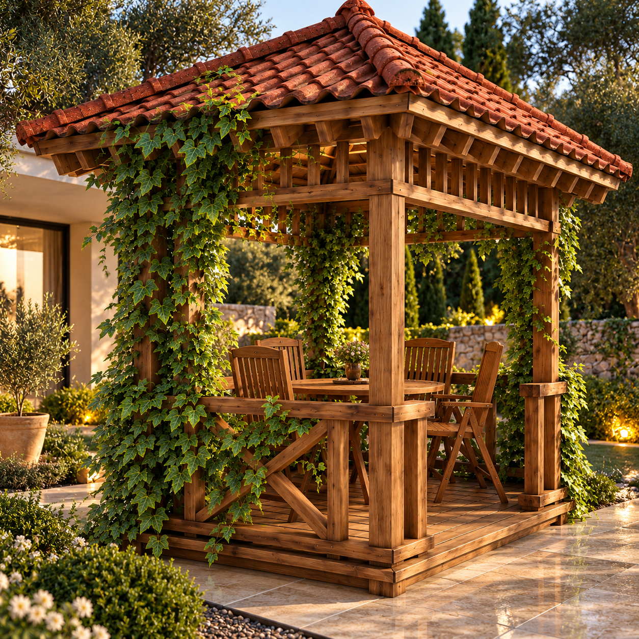 Terracotta Roof Wooden Garden Gazebo 3D Model 4