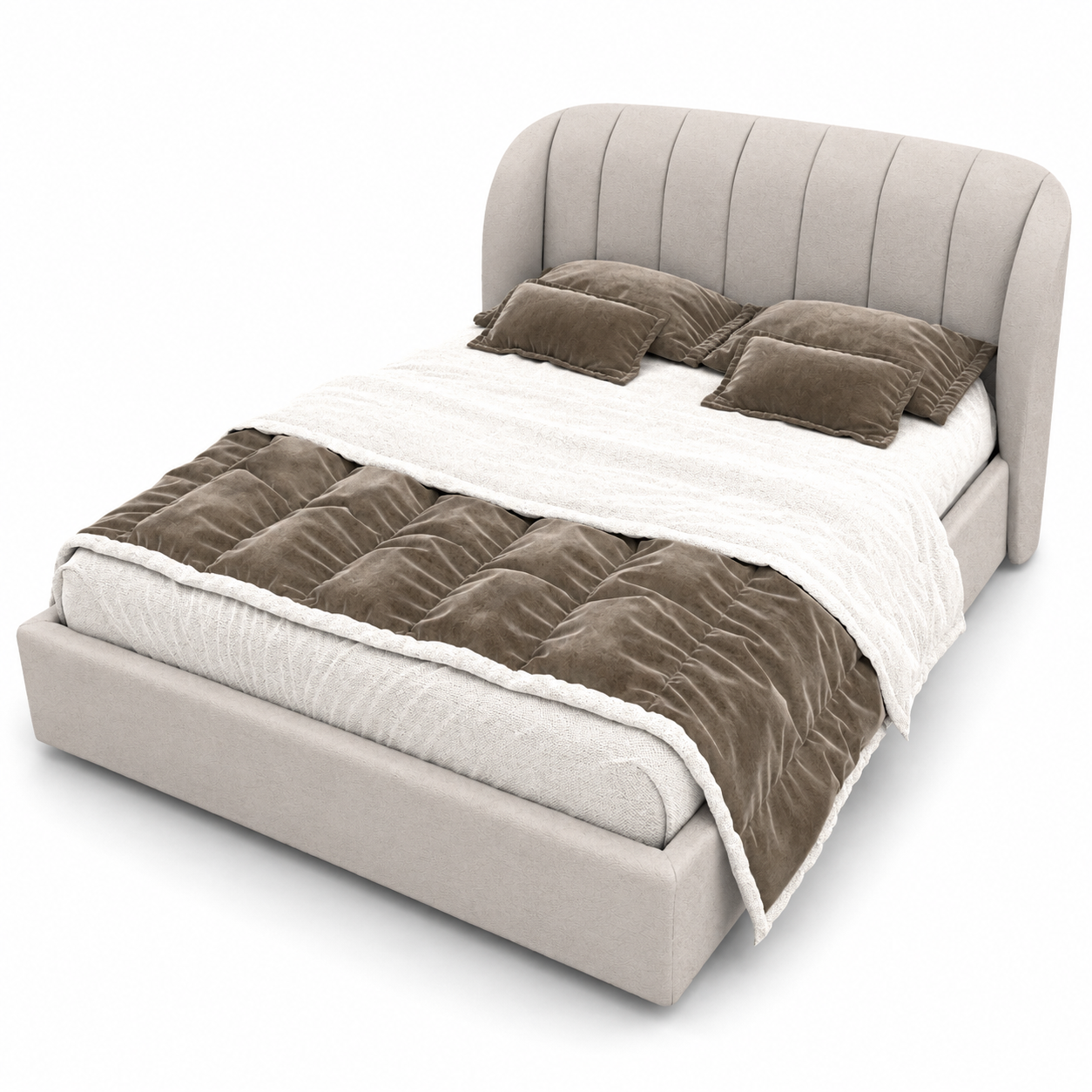 Warm Beige Vertical Channel Upholstered Bed 3D Model 3