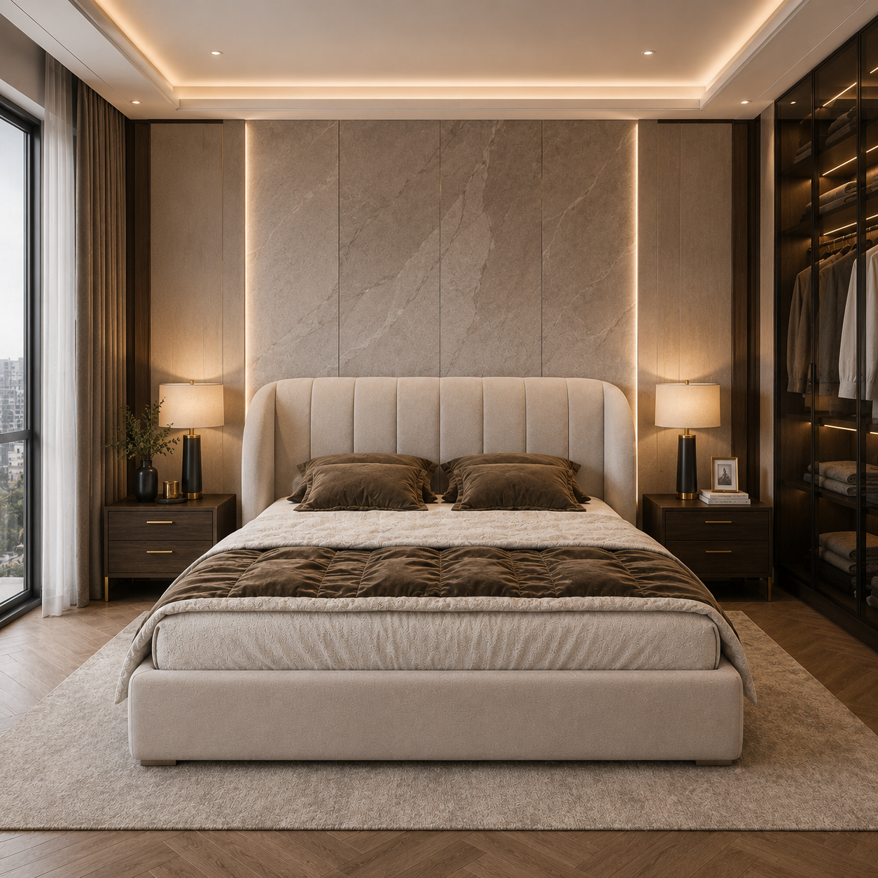 Warm Beige Vertical Channel Upholstered Bed 3D Model 4