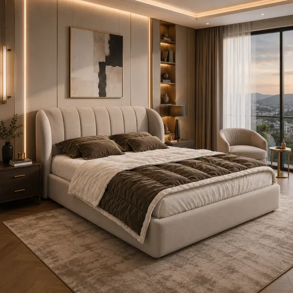 Warm Beige Vertical Channel Upholstered Bed 3D Model back