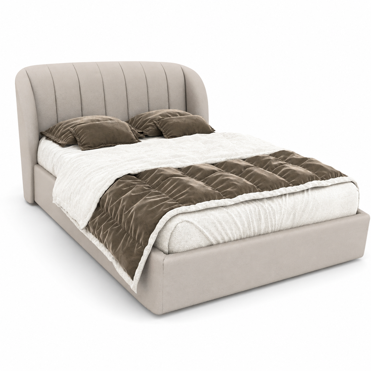 Warm Beige Vertical Channel Upholstered Bed 3D Model 1