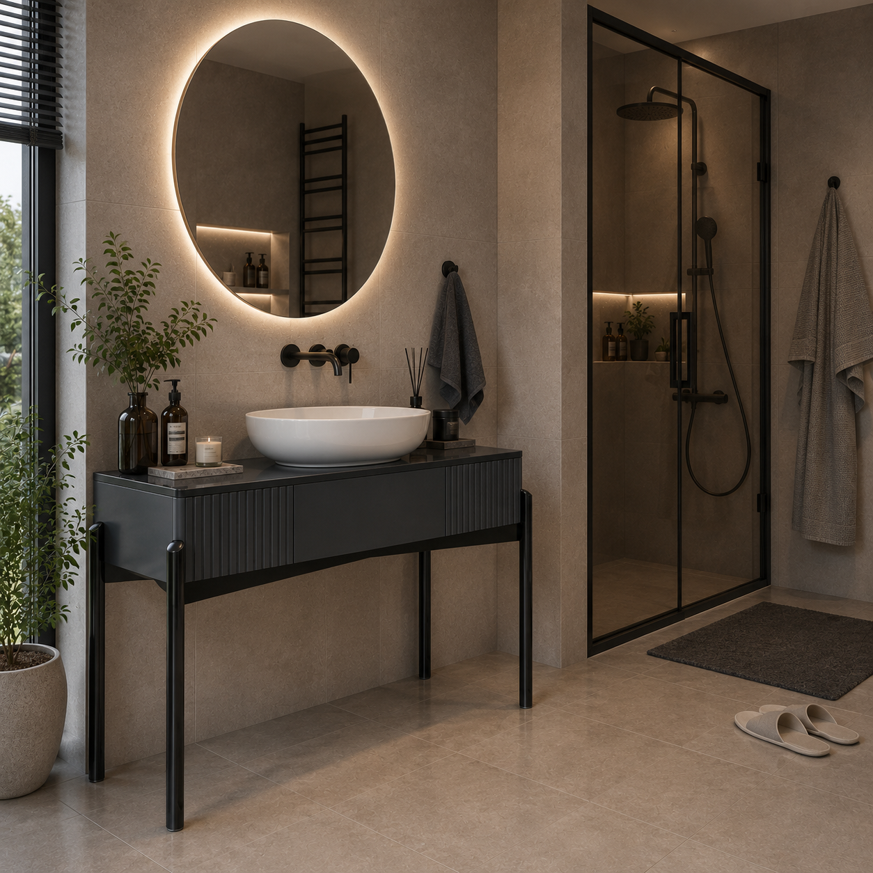 Charcoal Gray Bathroom Console – Fluted Front 3D Model 4
