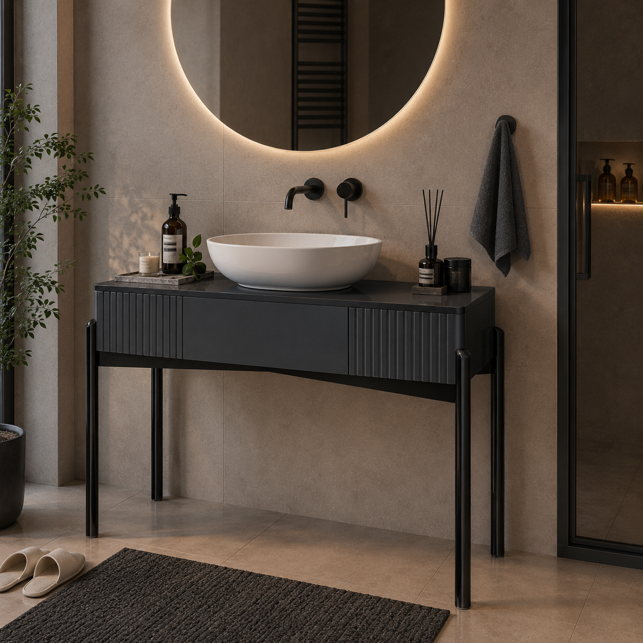 Charcoal Gray Bathroom Console – Fluted Front 3D Model 2