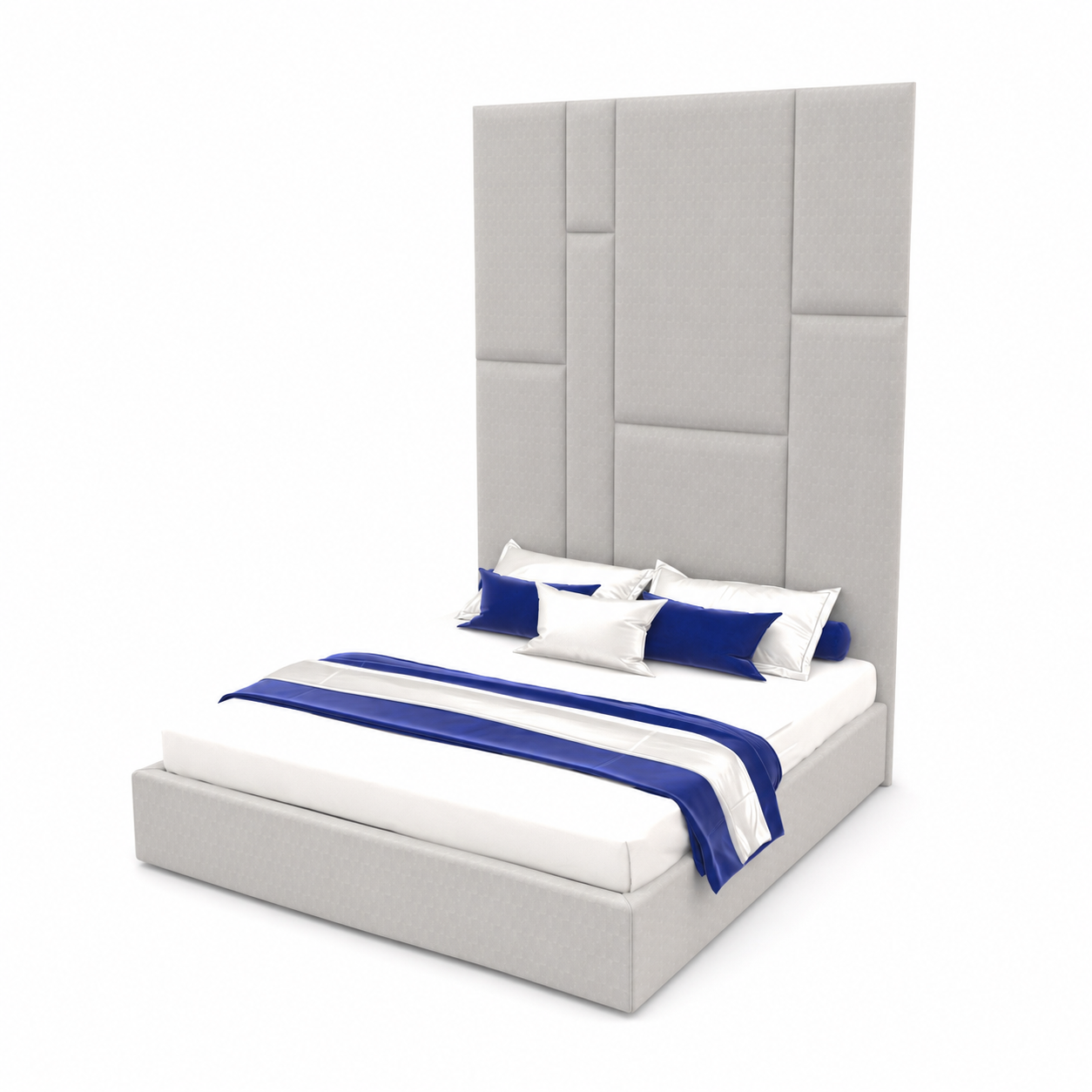 Modern Upholstered Bed – Tall Geometric Panel Headboard 3D Model 3