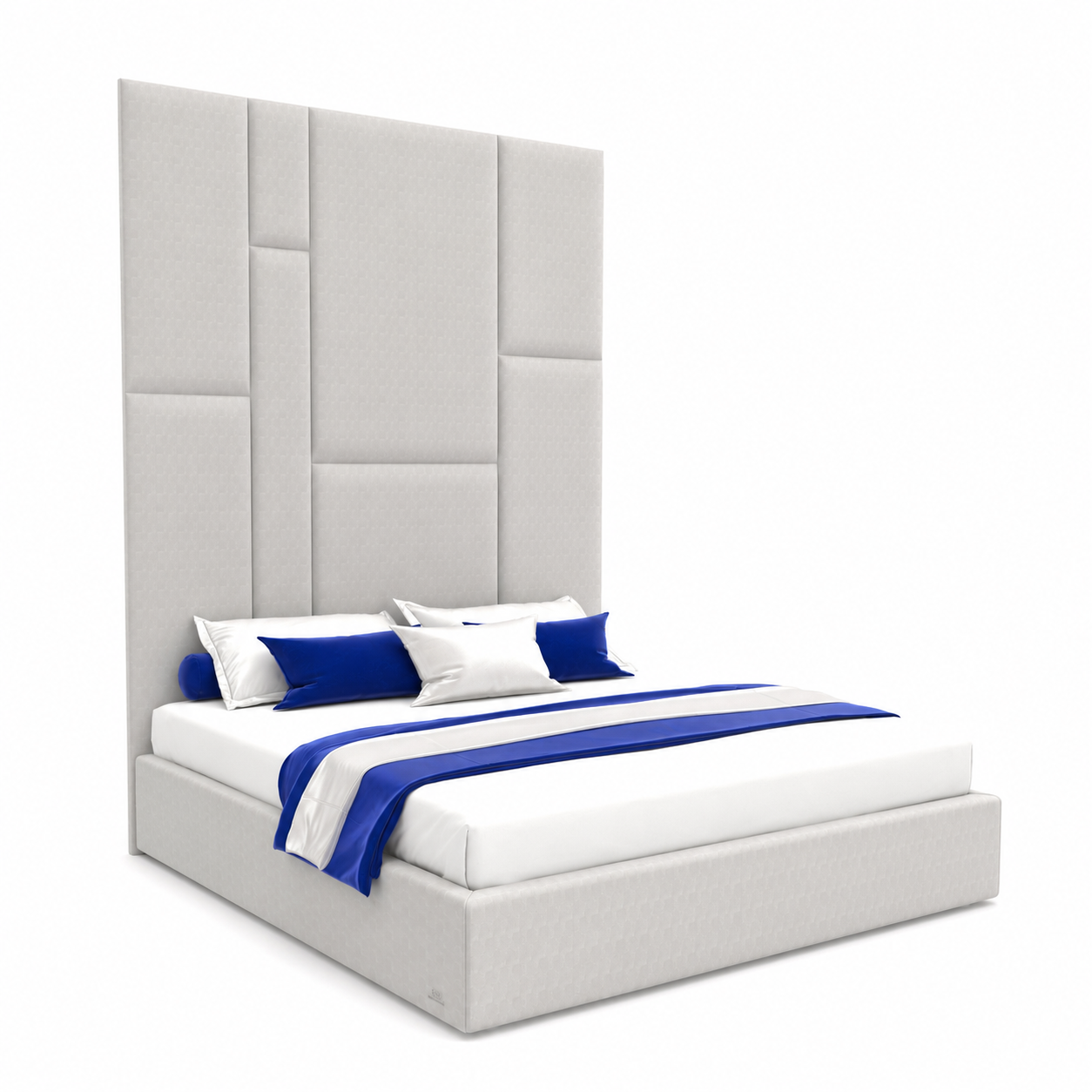Modern Upholstered Bed – Tall Geometric Panel Headboard 3D Model 1