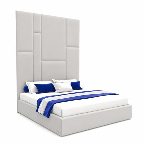 Modern Upholstered Bed – Tall Geometric Panel Headboard 3D Model