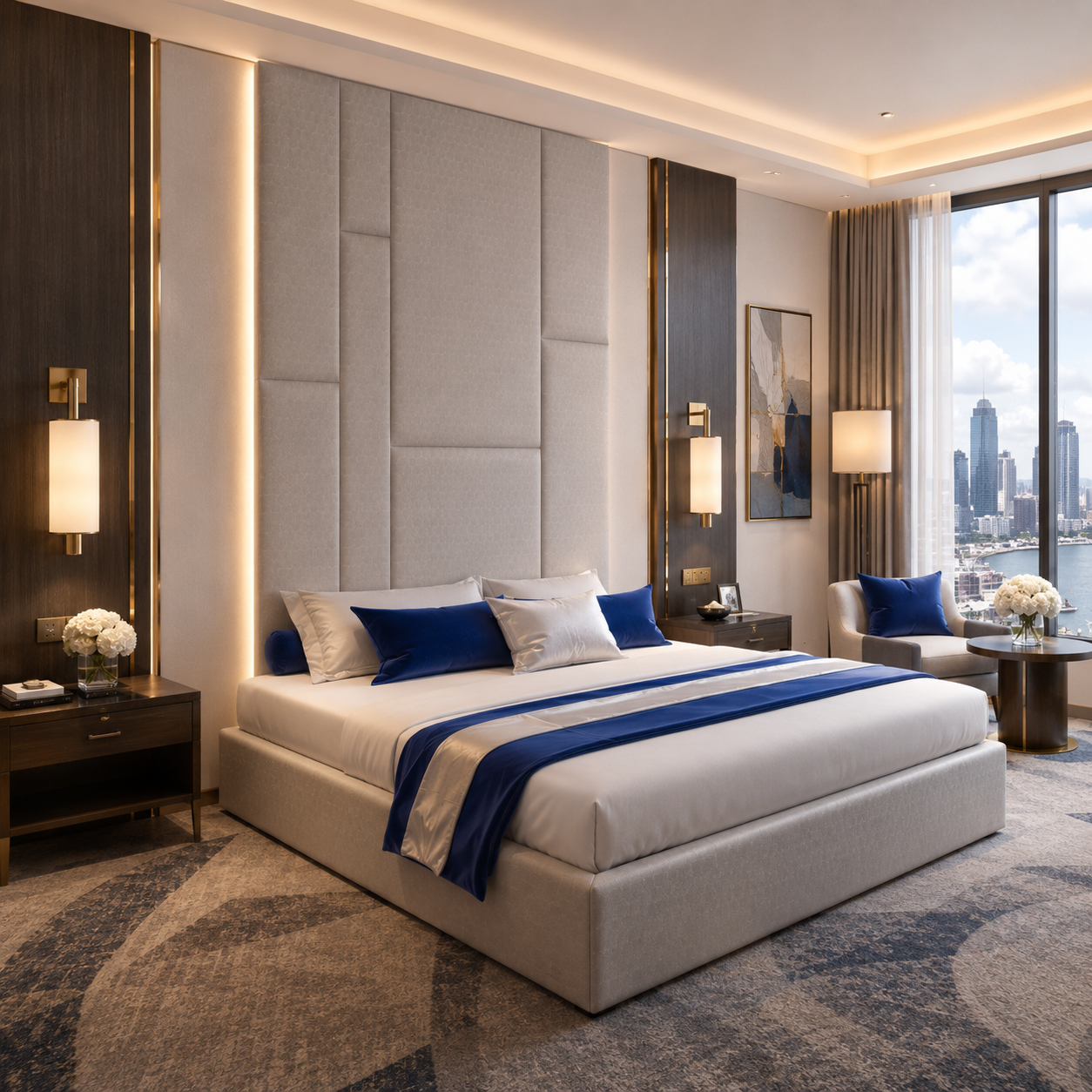 Modern Upholstered Bed – Tall Geometric Panel Headboard 3D Model 2