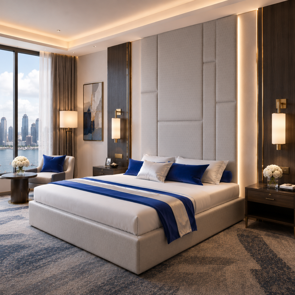 Modern Upholstered Bed – Tall Geometric Panel Headboard 3D Model 4