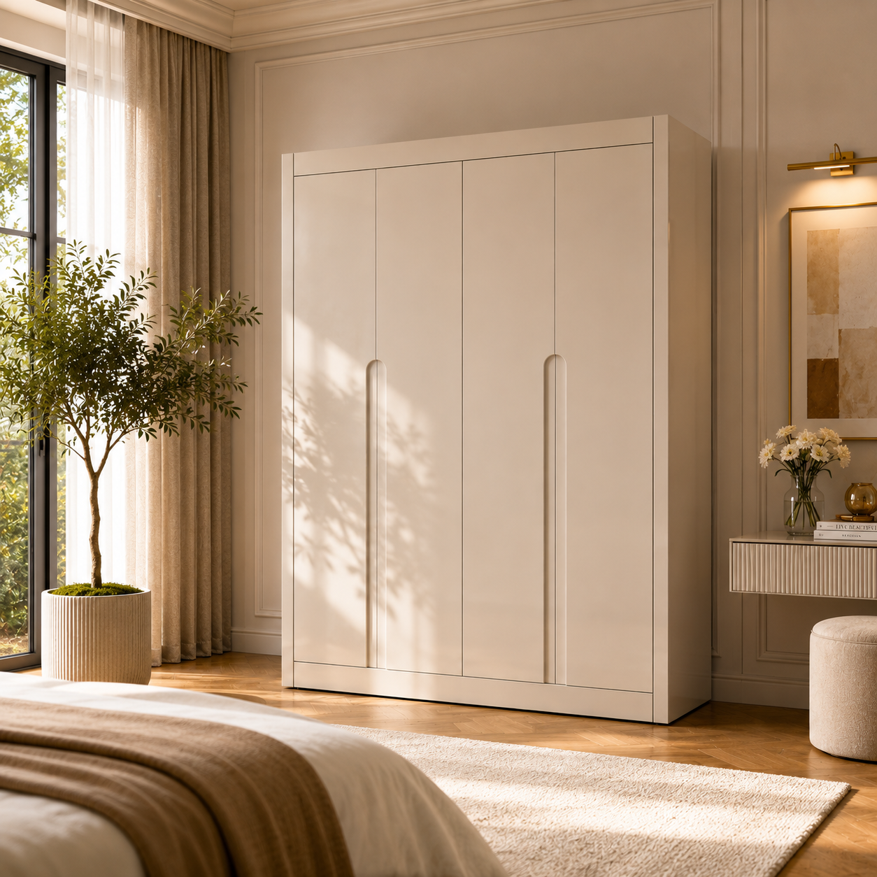 Ivory Gloss Four-Door Wardrobe – Recessed Handles 3D Model 2