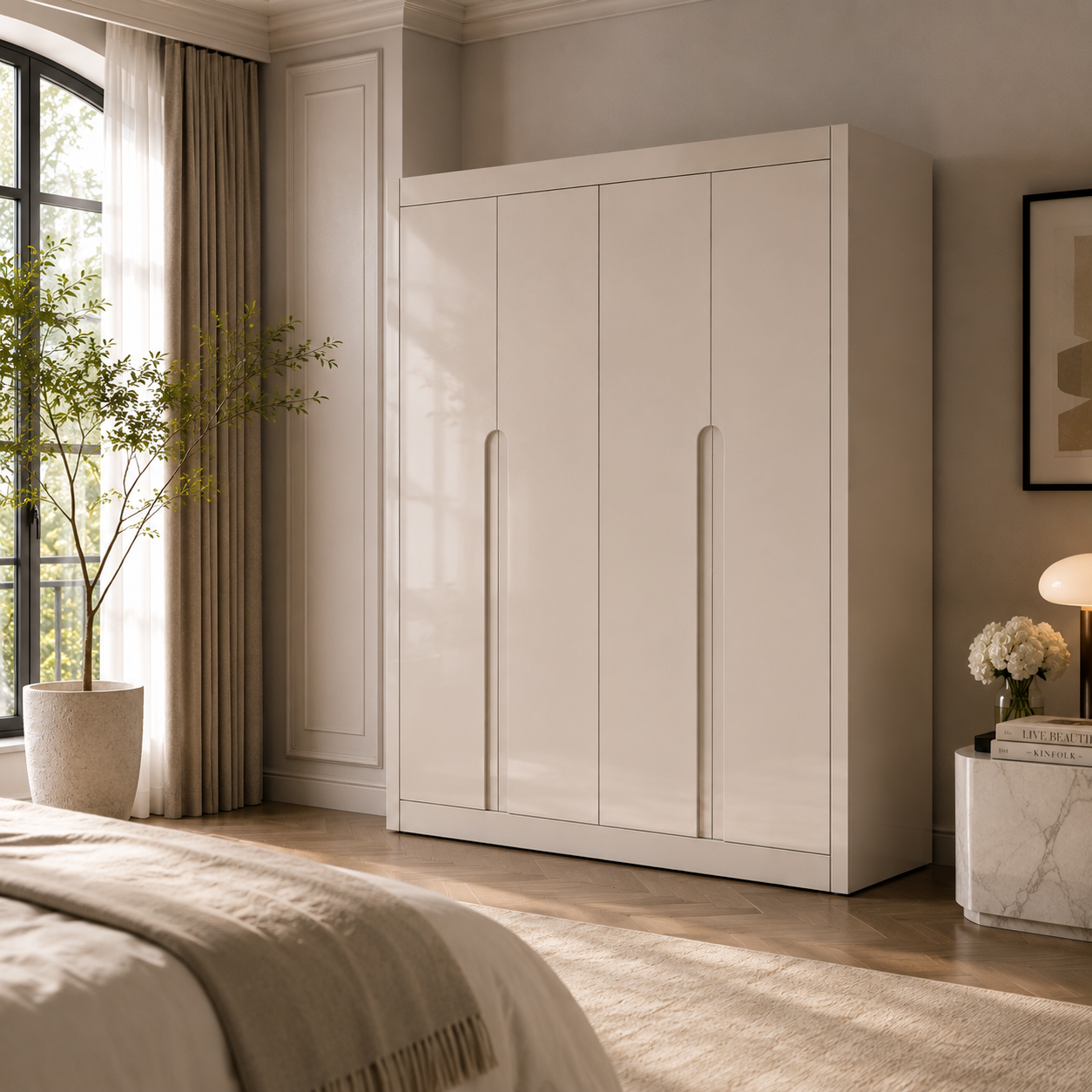 Ivory Gloss Four-Door Wardrobe – Recessed Handles 3D Model 3