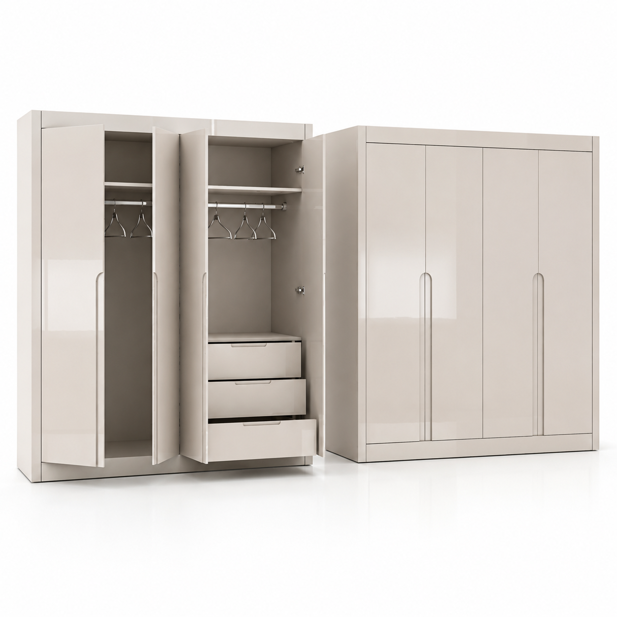 Ivory Gloss Four-Door Wardrobe – Recessed Handles 3D Model