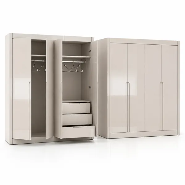 Ivory Gloss Four-Door Wardrobe – Recessed Handles 3D Model