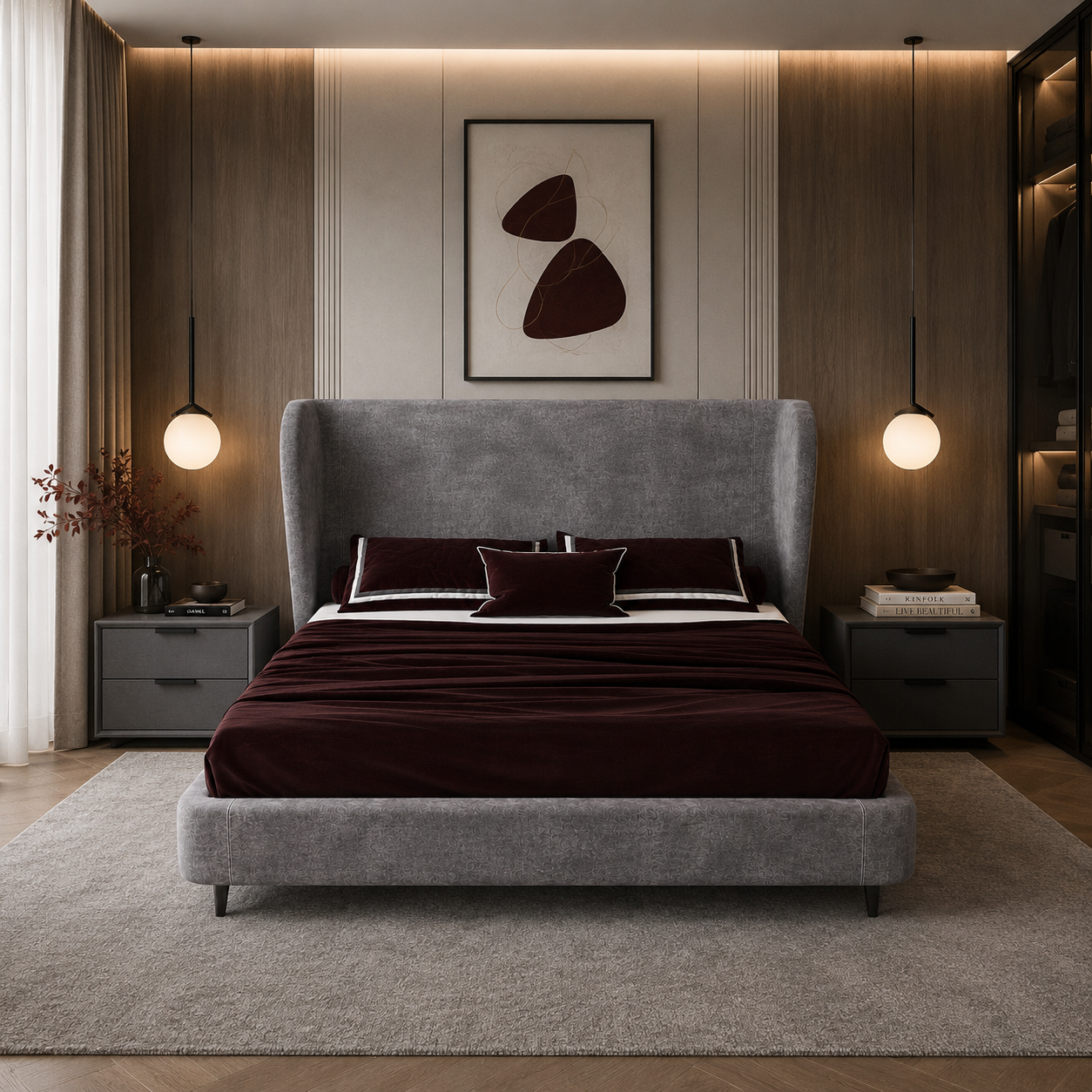 Gray Wingback Upholstered Bed 3D Model 4