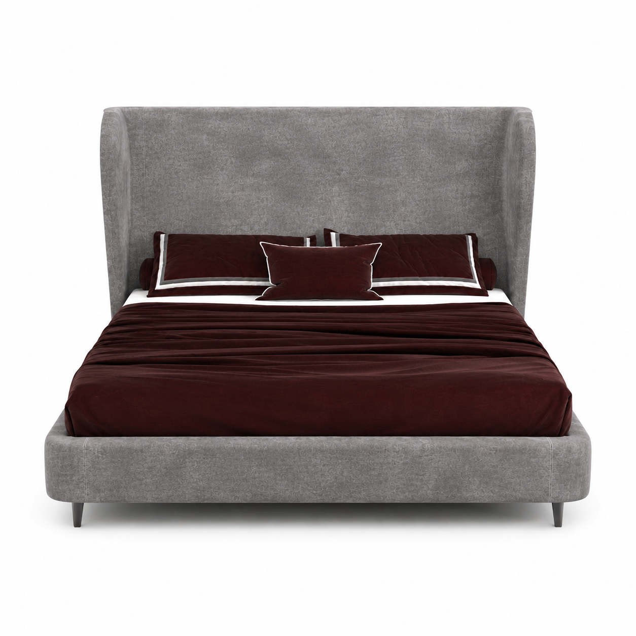 Gray Wingback Upholstered Bed 3D Model 3