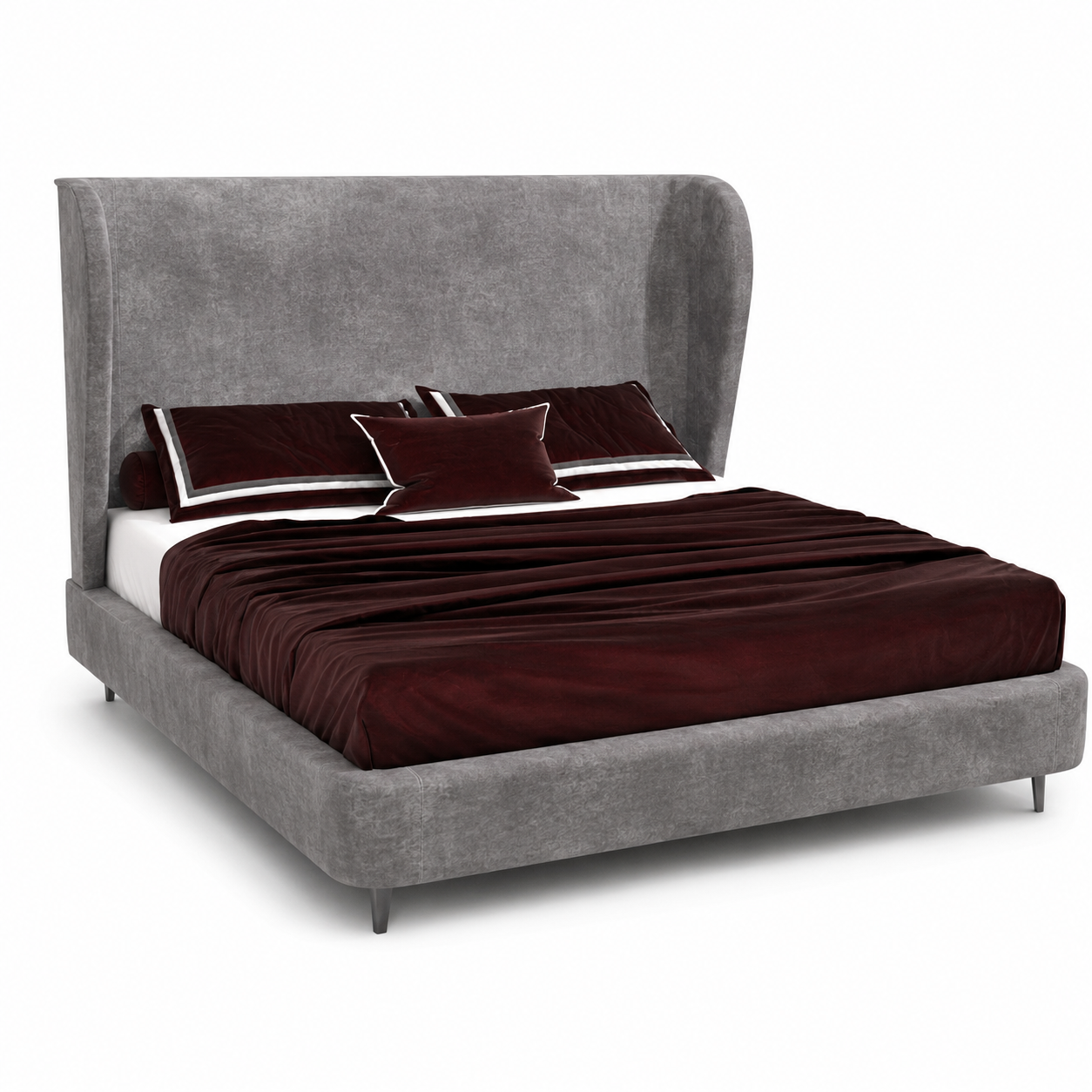 Gray Wingback Upholstered Bed 3D Model 1