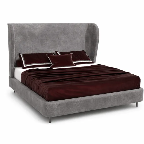 Gray Wingback Upholstered Bed 3D Model