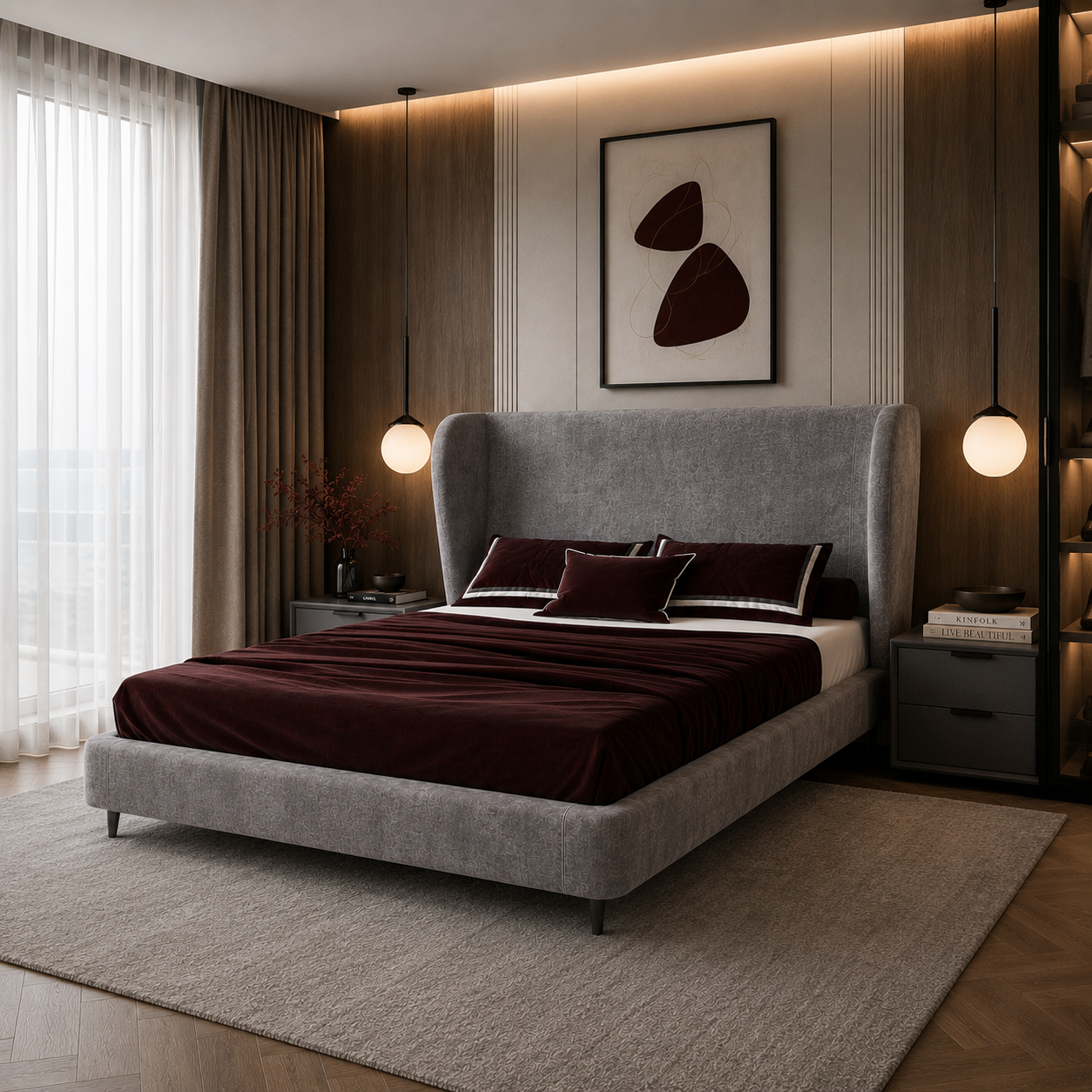 Gray Wingback Upholstered Bed 3D Model 2