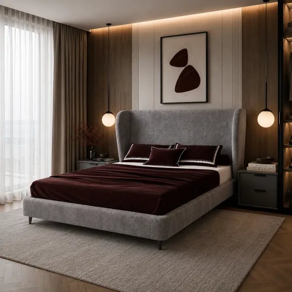 Gray Wingback Upholstered Bed 3D Model back