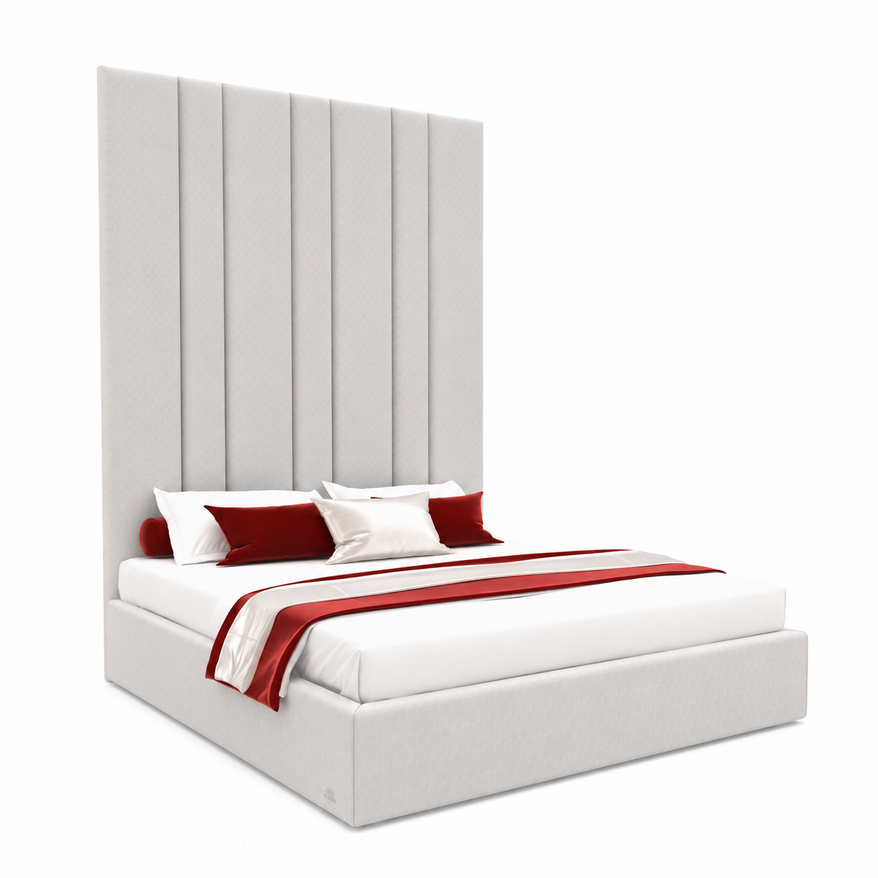 Modern Upholstered Bed – Tall Vertical Channel Headboard with Red Accents 3D Model 1