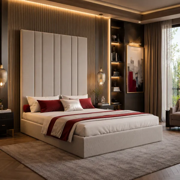 Modern Upholstered Bed – Tall Vertical Channel Headboard with Red Accents 3D Model back