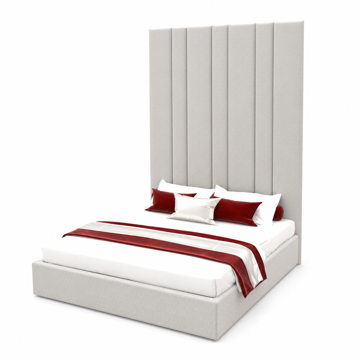 Modern Upholstered Bed – Tall Vertical Channel Headboard with Red Accents 3D Model 3