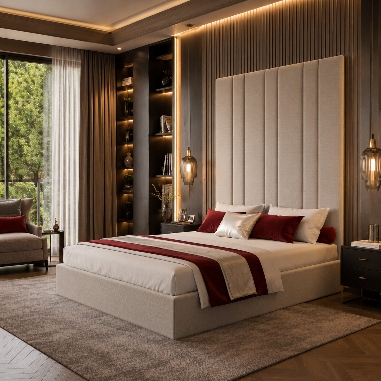 Modern Upholstered Bed – Tall Vertical Channel Headboard with Red Accents 3D Model 4