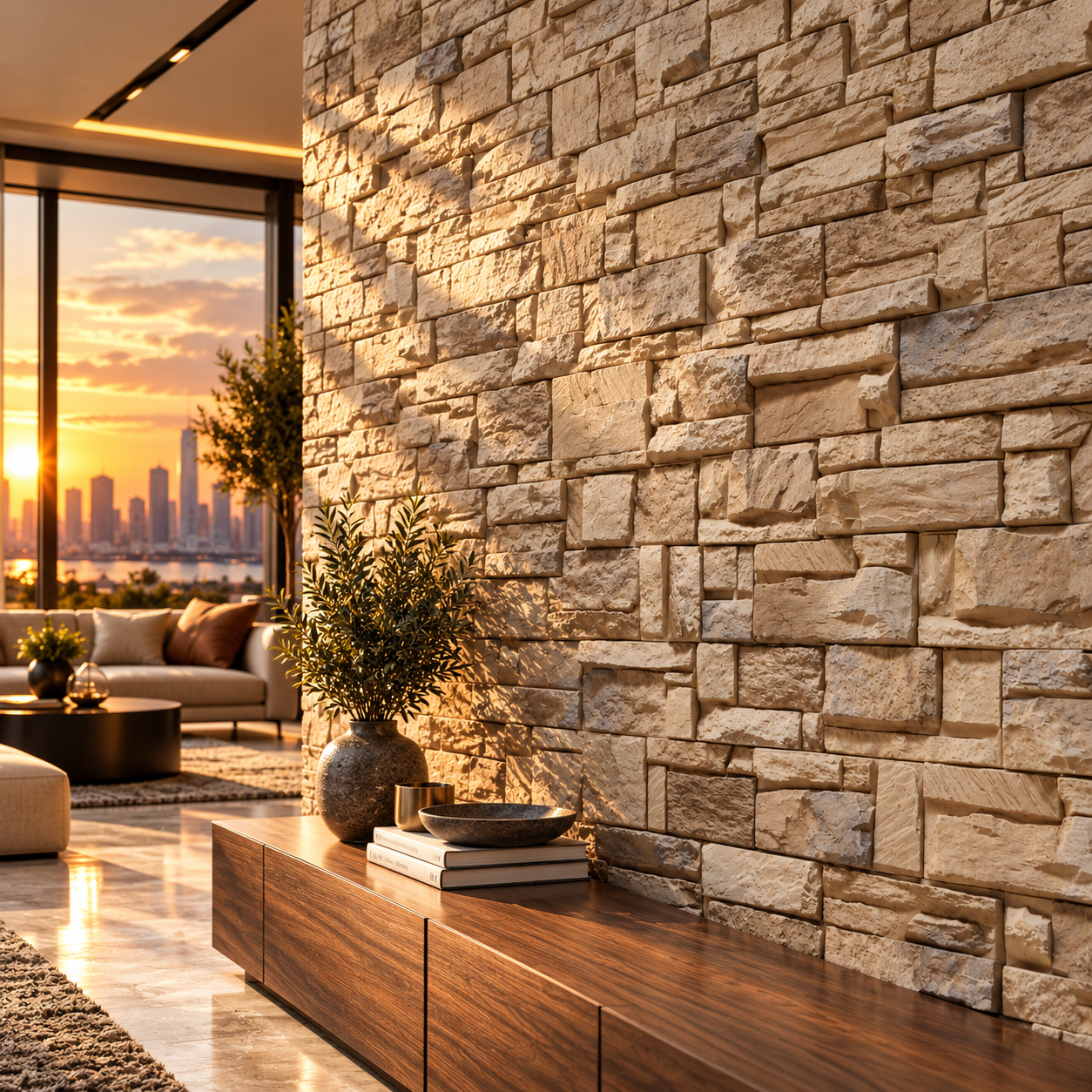 Warm Beige Rough Cut Stacked Stone Wall Texture 2