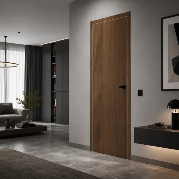 Modern Flush Wood Door Set – Gloss Brown & Linear Gray Grain 3D Model back
