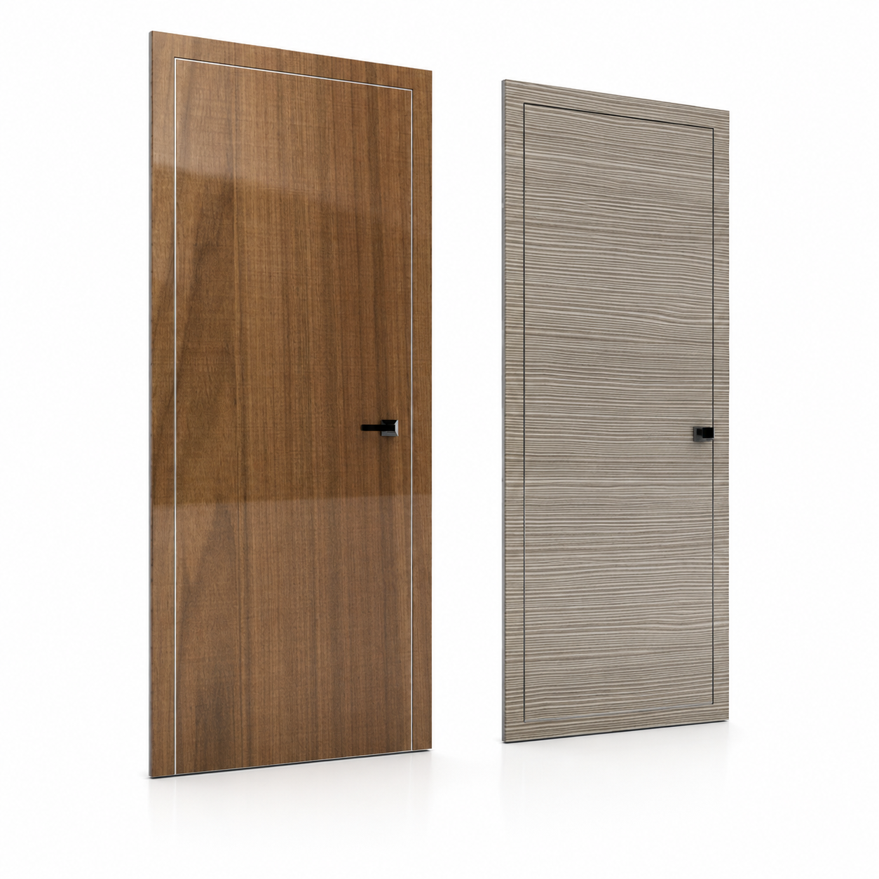 Modern Flush Wood Door Set – Gloss Brown & Linear Gray Grain 3D Model