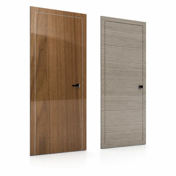 Modern Flush Wood Door Set – Gloss Brown & Linear Gray Grain 3D Model