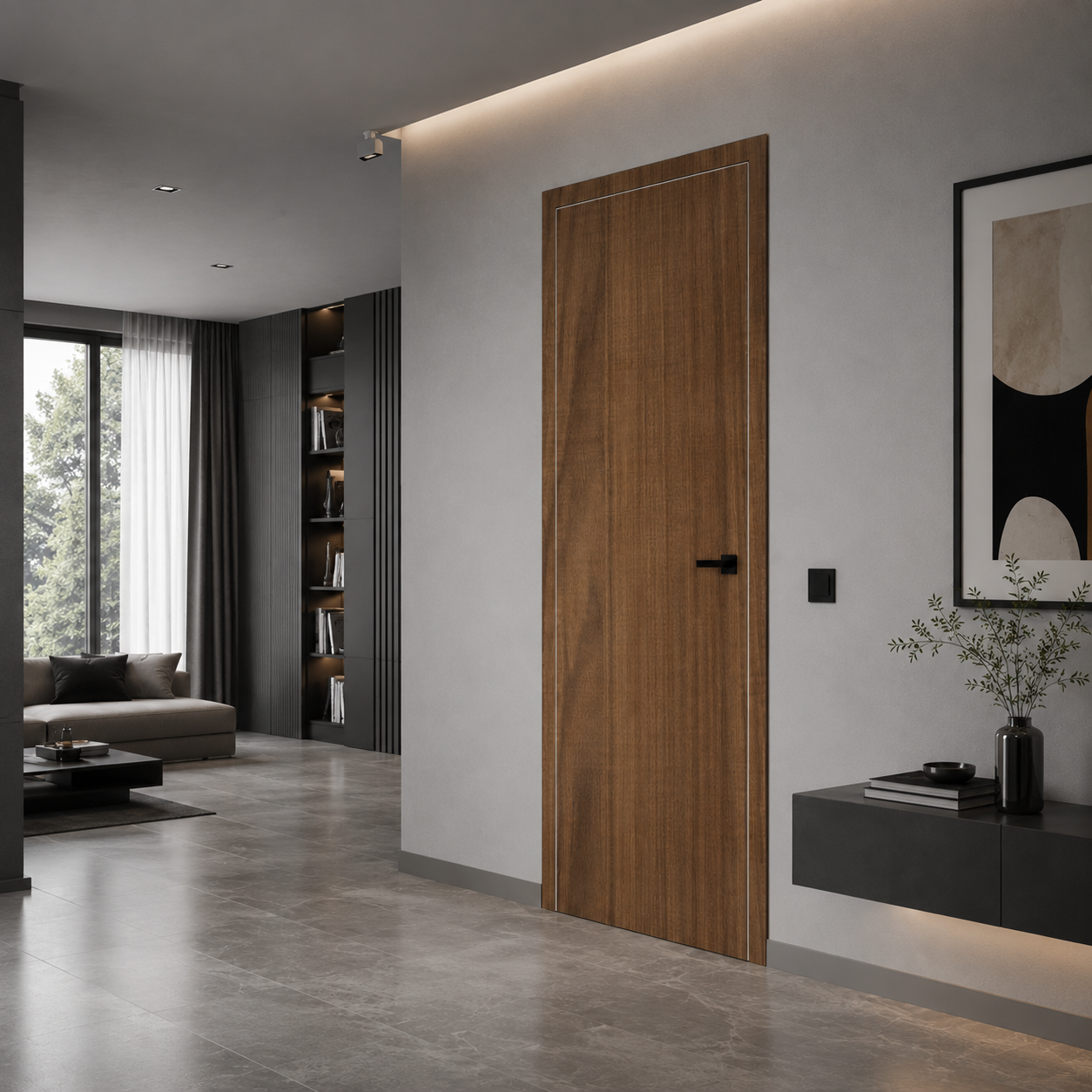 Modern Flush Wood Door Set – Gloss Brown & Linear Gray Grain 3D Model 3