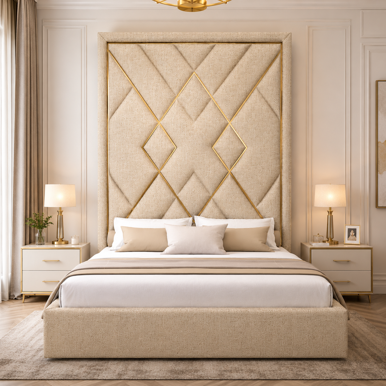 Beige Tall Headboard Bed with Gold Geometric Inlay 3D Model 2