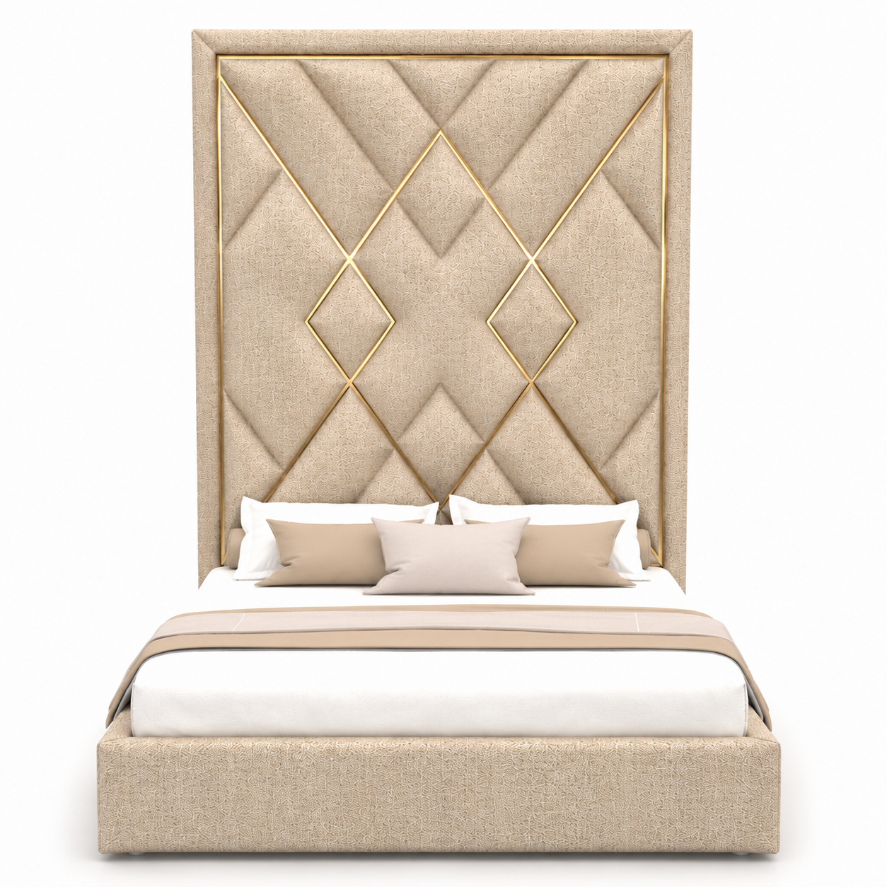 Beige Tall Headboard Bed with Gold Geometric Inlay 3D Model 3