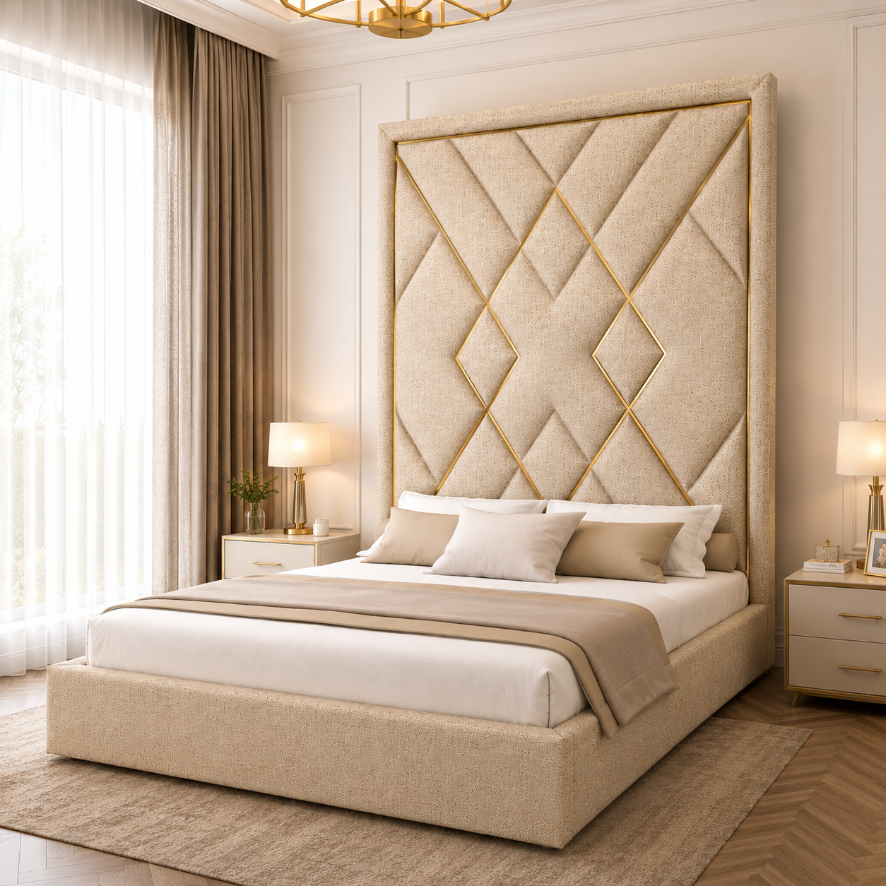 Beige Tall Headboard Bed with Gold Geometric Inlay 3D Model 4