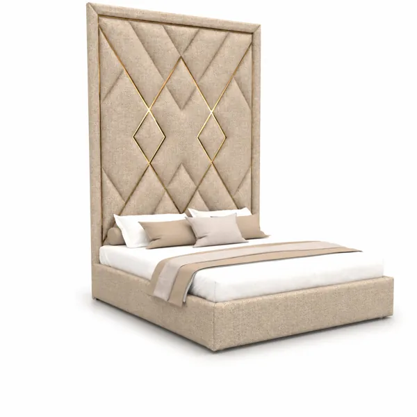 Beige Tall Headboard Bed with Gold Geometric Inlay 3D Model