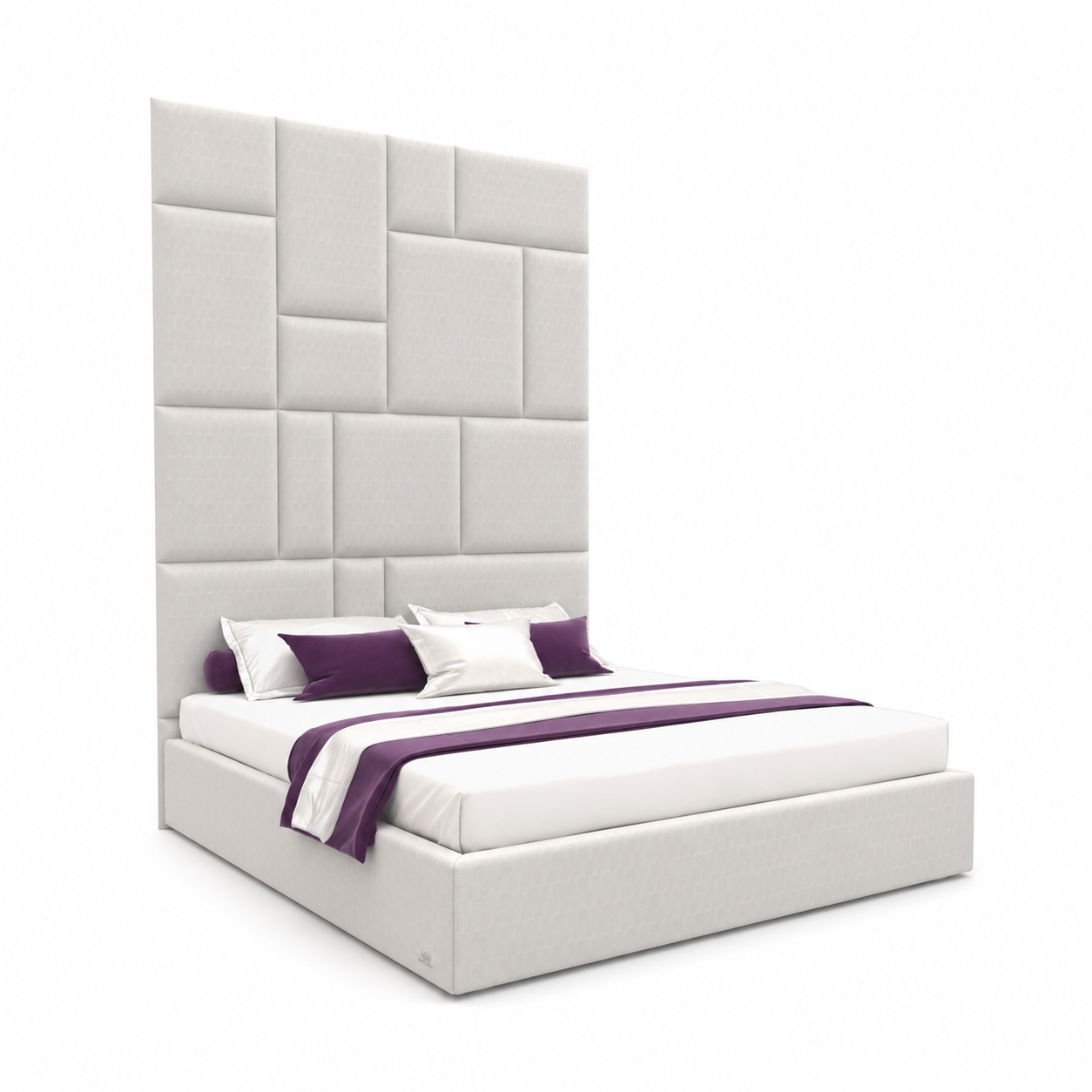 White Patchwork Panel Headboard Bed with Purple Accents 3D Model 1