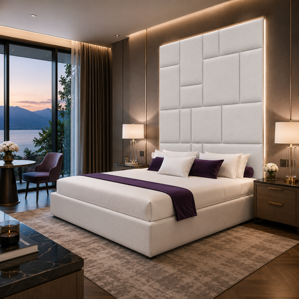 White Patchwork Panel Headboard Bed with Purple Accents 3D Model 4