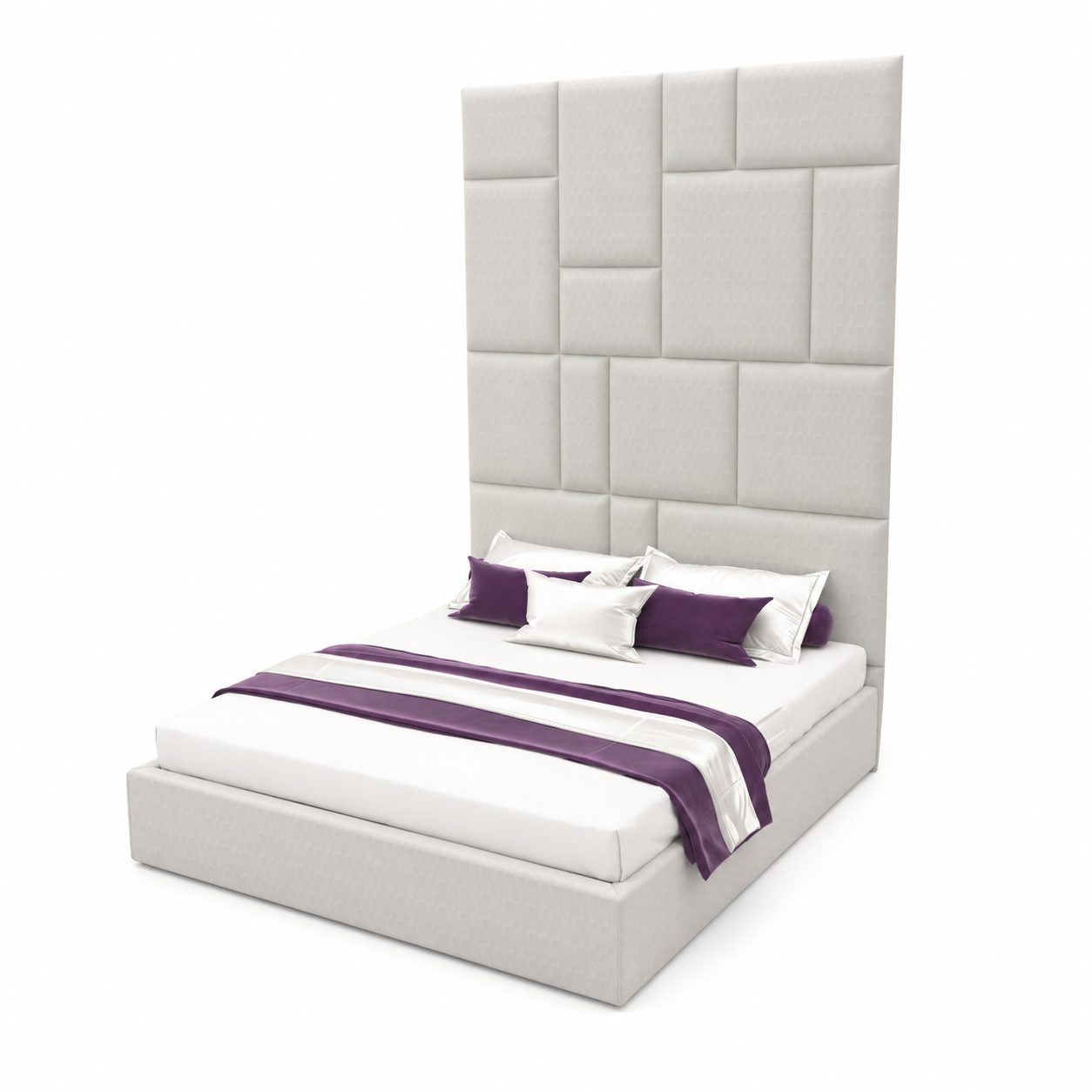 White Patchwork Panel Headboard Bed with Purple Accents 3D Model 3