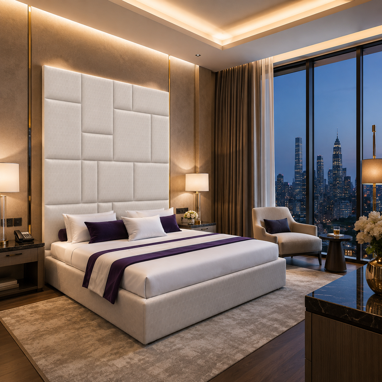 White Patchwork Panel Headboard Bed with Purple Accents 3D Model 2
