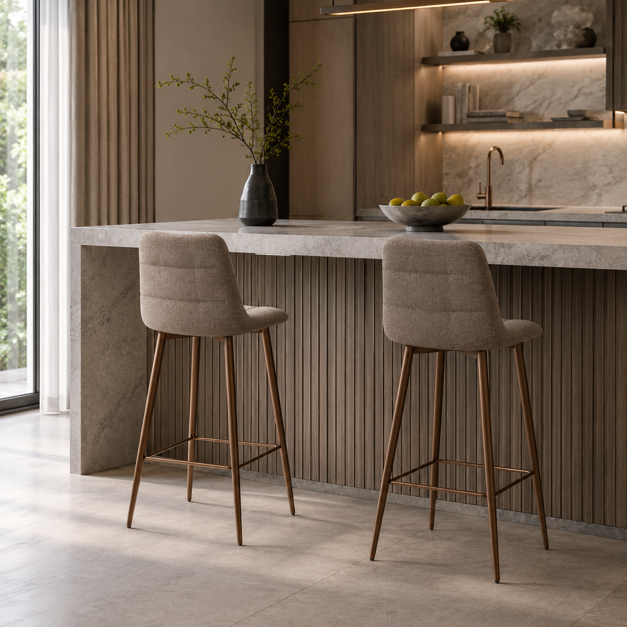 Beige Fabric Bar Stool with Bronze-Tone Metal Frame 3D Model 4