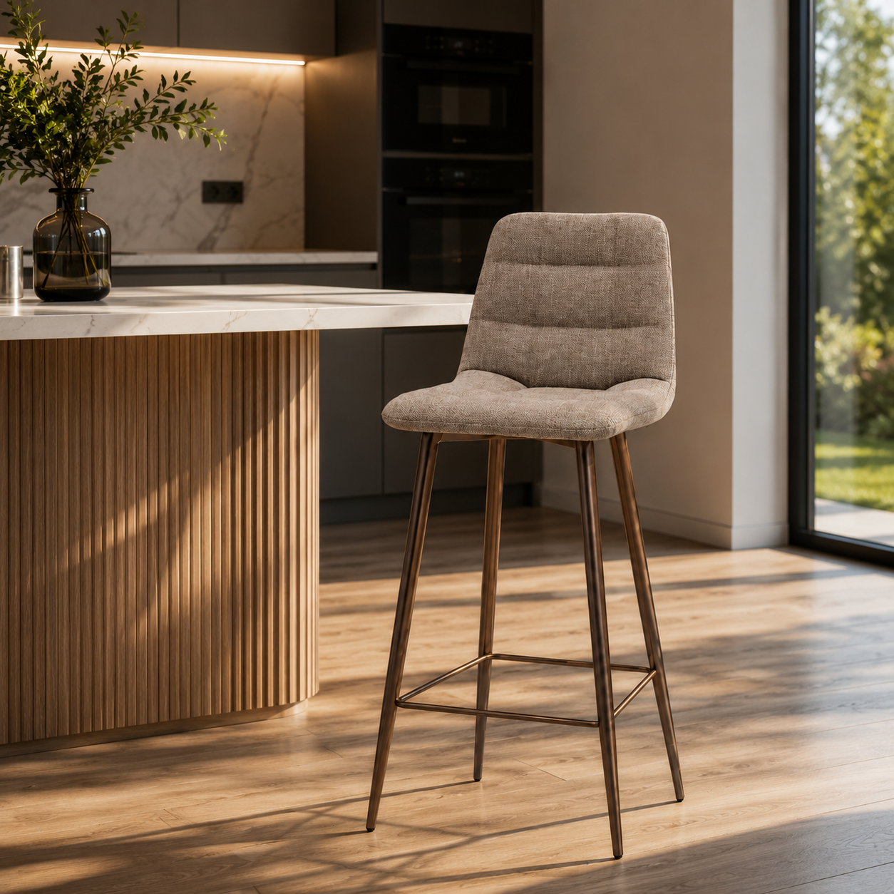 Beige Fabric Bar Stool with Bronze-Tone Metal Frame 3D Model 2