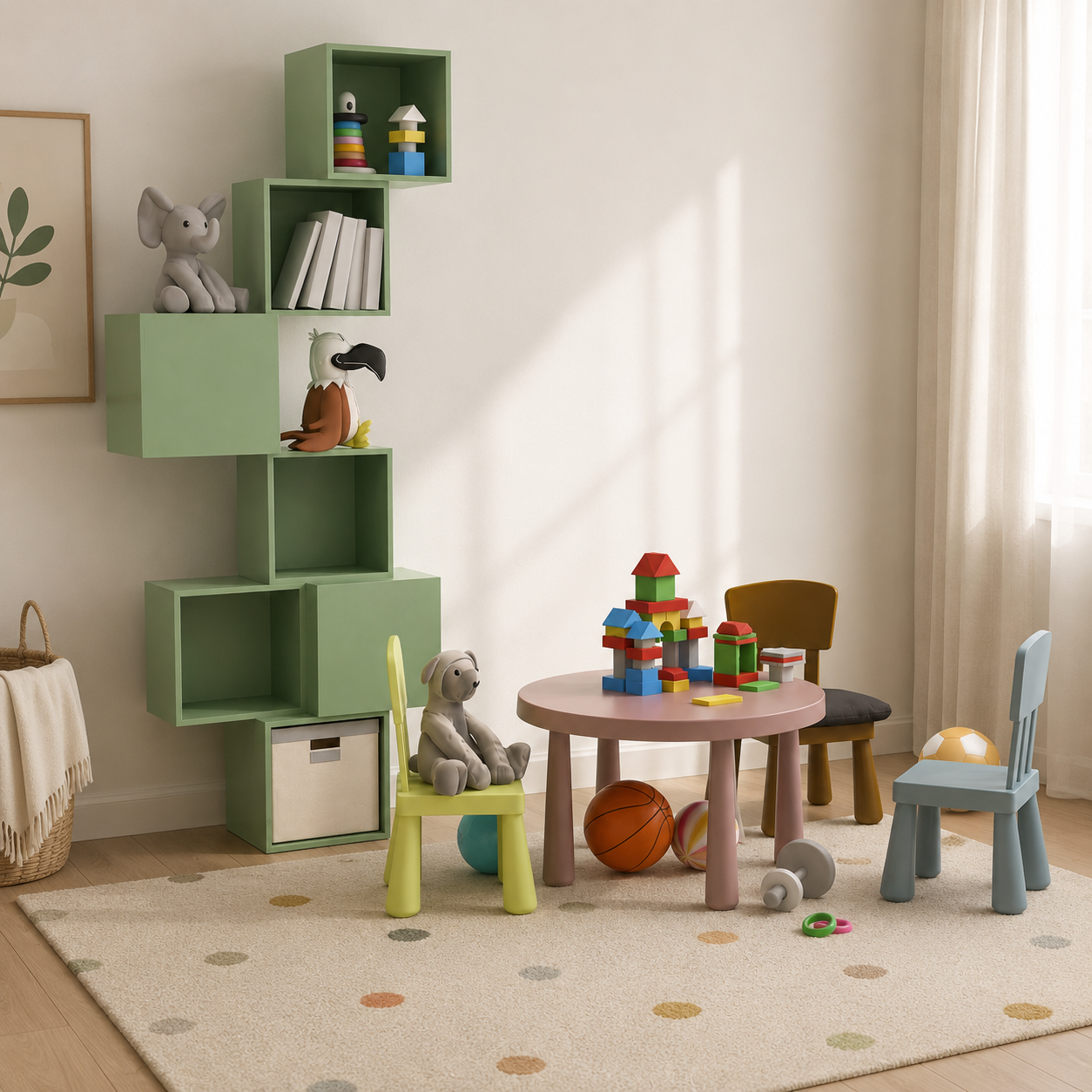Mint Green Kids Furniture Set – Staggered Cube Shelf 3D Model 3