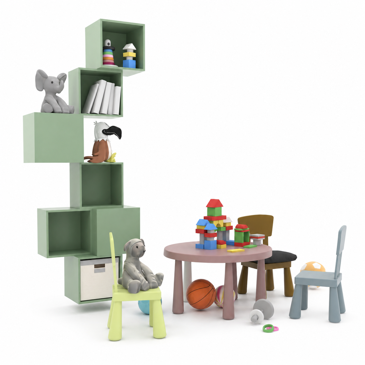 Mint Green Kids Furniture Set – Staggered Cube Shelf 3D Model