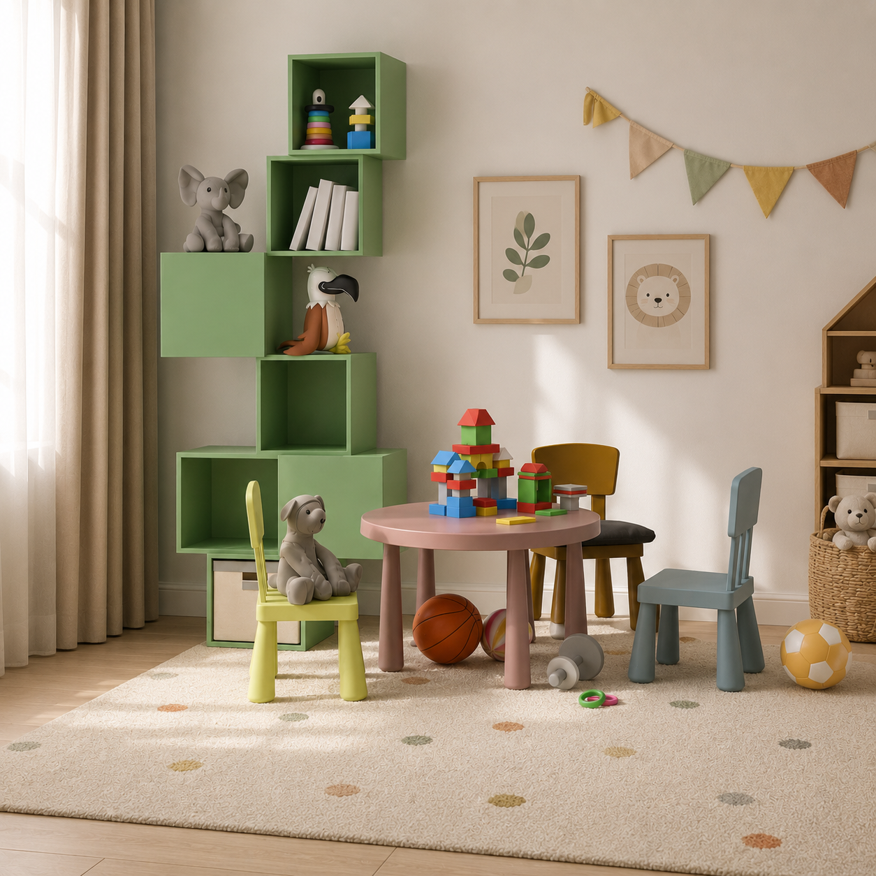 Mint Green Kids Furniture Set – Staggered Cube Shelf 3D Model 2