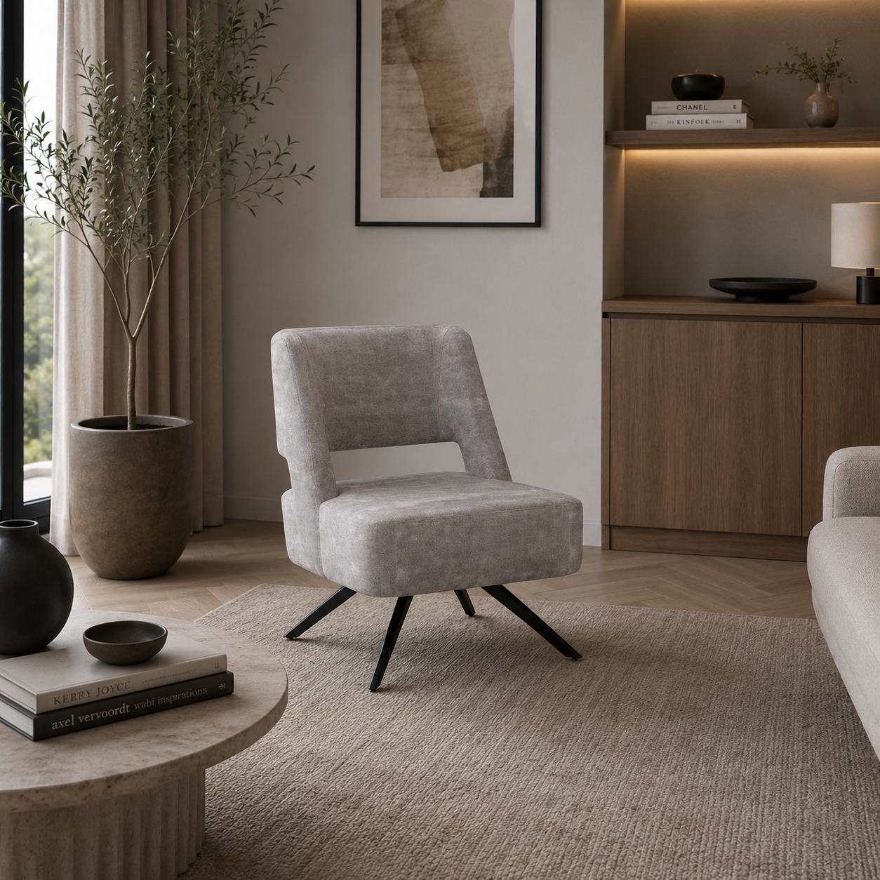 Gray Upholstered Armchair – Open Back & Black Splayed Legs 3D Model 2