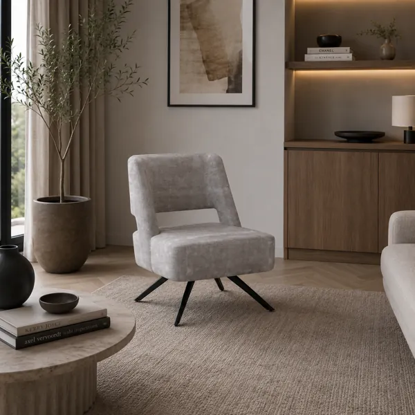Gray Upholstered Armchair – Open Back & Black Splayed Legs 3D Model back