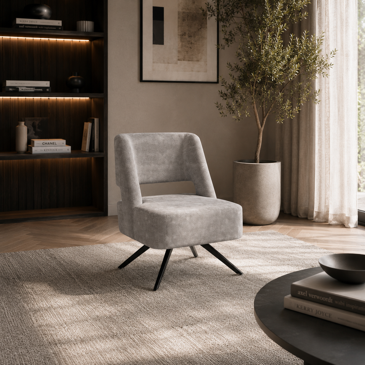 Gray Upholstered Armchair – Open Back & Black Splayed Legs 3D Model 3